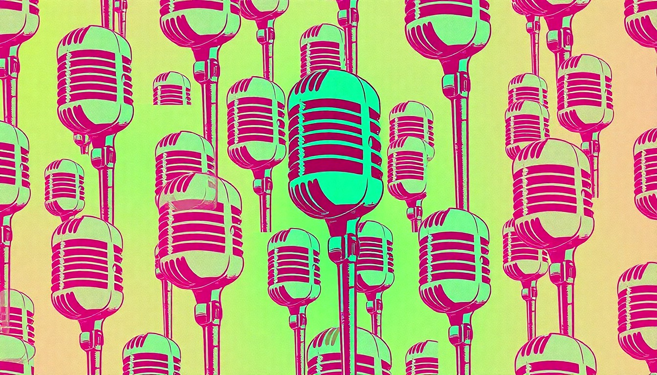 A brightly colored, high-contrast silkscreen print of a vintage microphone repeated in a tight grid pattern, capturing the energy and creativity of a live cabaret performance.