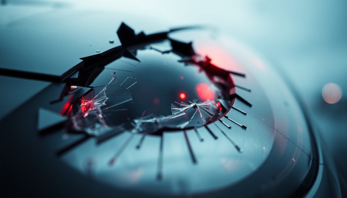 An extreme close-up of a shattered car sensor lens reflecting a faint red light, conceptually illustrating the vandalism of self-driving cars.