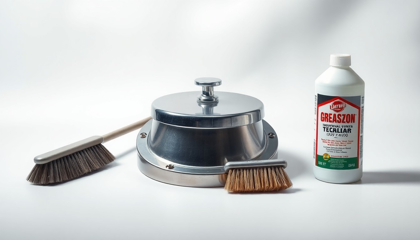 A close-up photograph of a polished metal grease trap lid, a stainless steel scrub brush, and a bottle of industrial-strength degreaser, symbolizing the importance of proper grease trap maintenance for businesses.