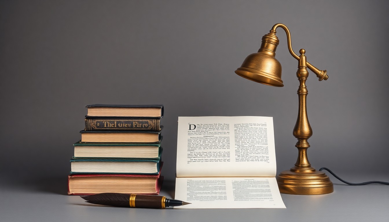 A high-end, photorealistic studio still-life photograph featuring a stack of hardcover books, a quill pen, and an antique brass desk lamp against a clean, monochromatic grey background, conceptually representing the appeal of tangible, community-focused retail experiences.