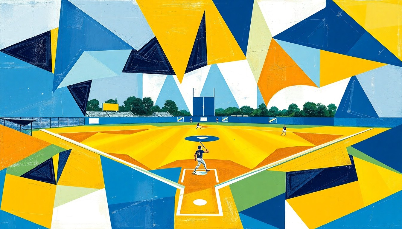 A cubist, geometric painting depicting a softball game in motion, with sharp, overlapping planes of navy blue, gold, and white representing the dynamic energy of the sport.