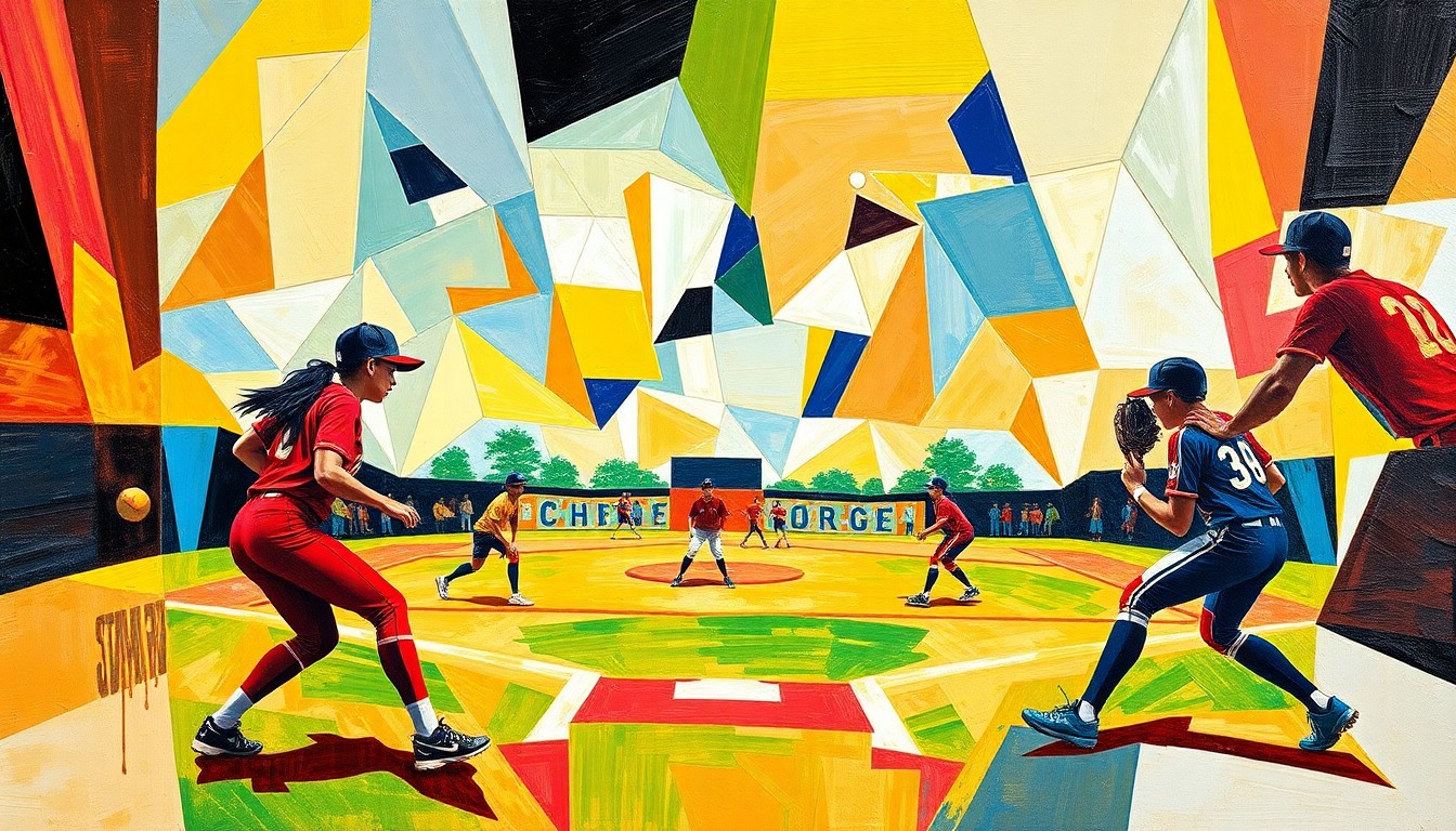A cubist, geometric painting in bright team colors depicting the dynamic movements and action of a high school softball game.