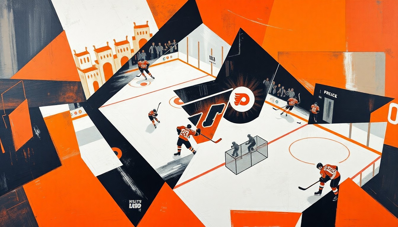 A fragmented, geometric painting depicting a hockey player scoring a goal, with sharp planes of orange, black, and white color representing the speed and intensity of the play.