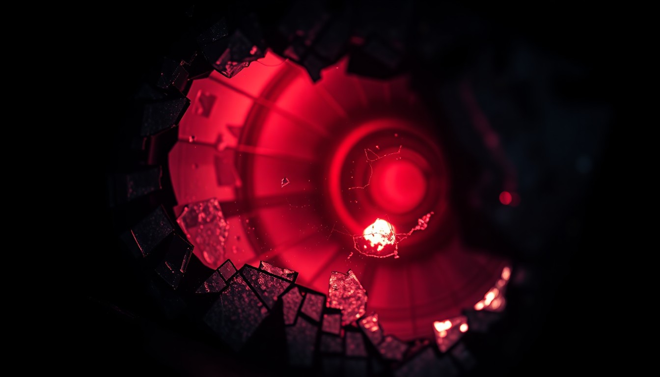 An extreme close-up of a shattered car sensor lens reflecting a faint red light, conceptually illustrating the aftermath of a fatal traffic accident.