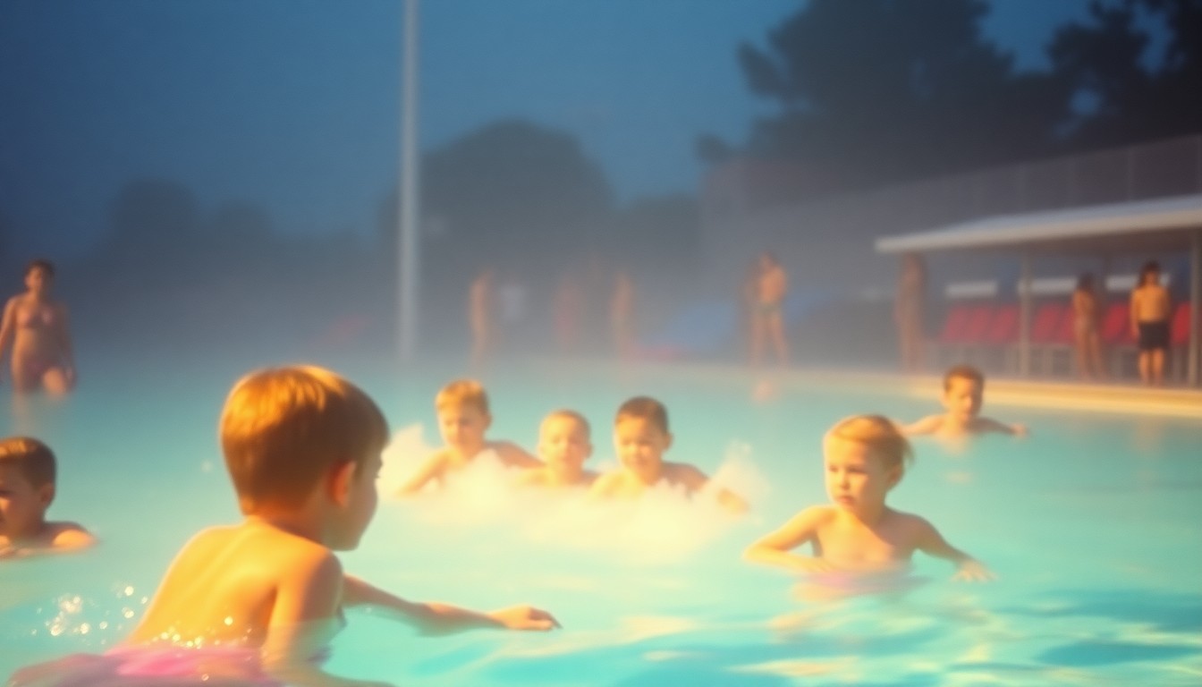 An abstract, impressionistic scene of children's silhouettes playing in a public swimming pool, with soft, out-of-focus washes of warm yellow, orange, and pink light creating a dreamlike, atmospheric mood.