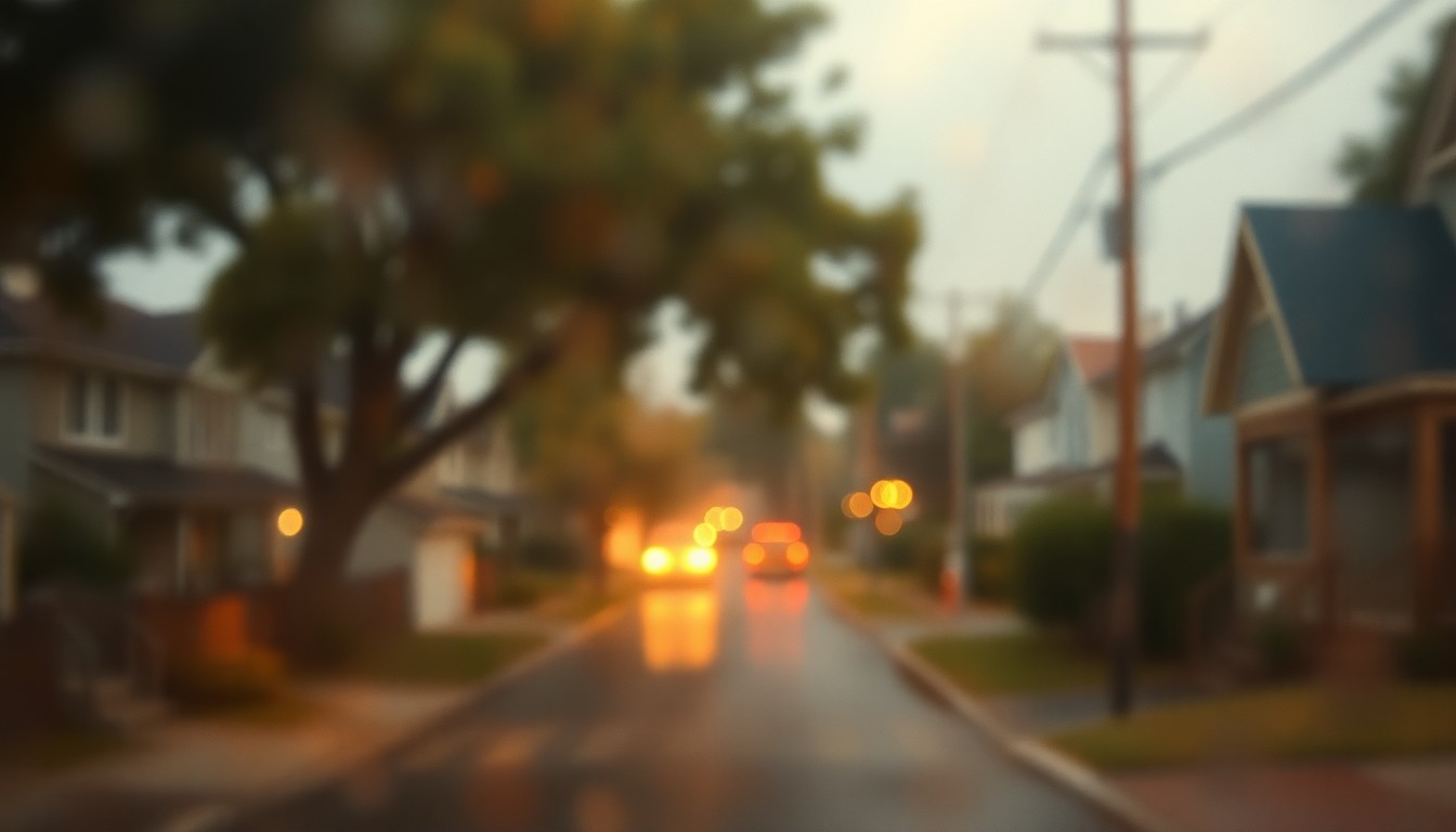 An impressionistic, out-of-focus scene of a residential neighborhood street, with partially visible homes, trees, and power lines blurred into soft, warm pools of color, conceptually representing the challenges facing a community in the aftermath of a wildfire.