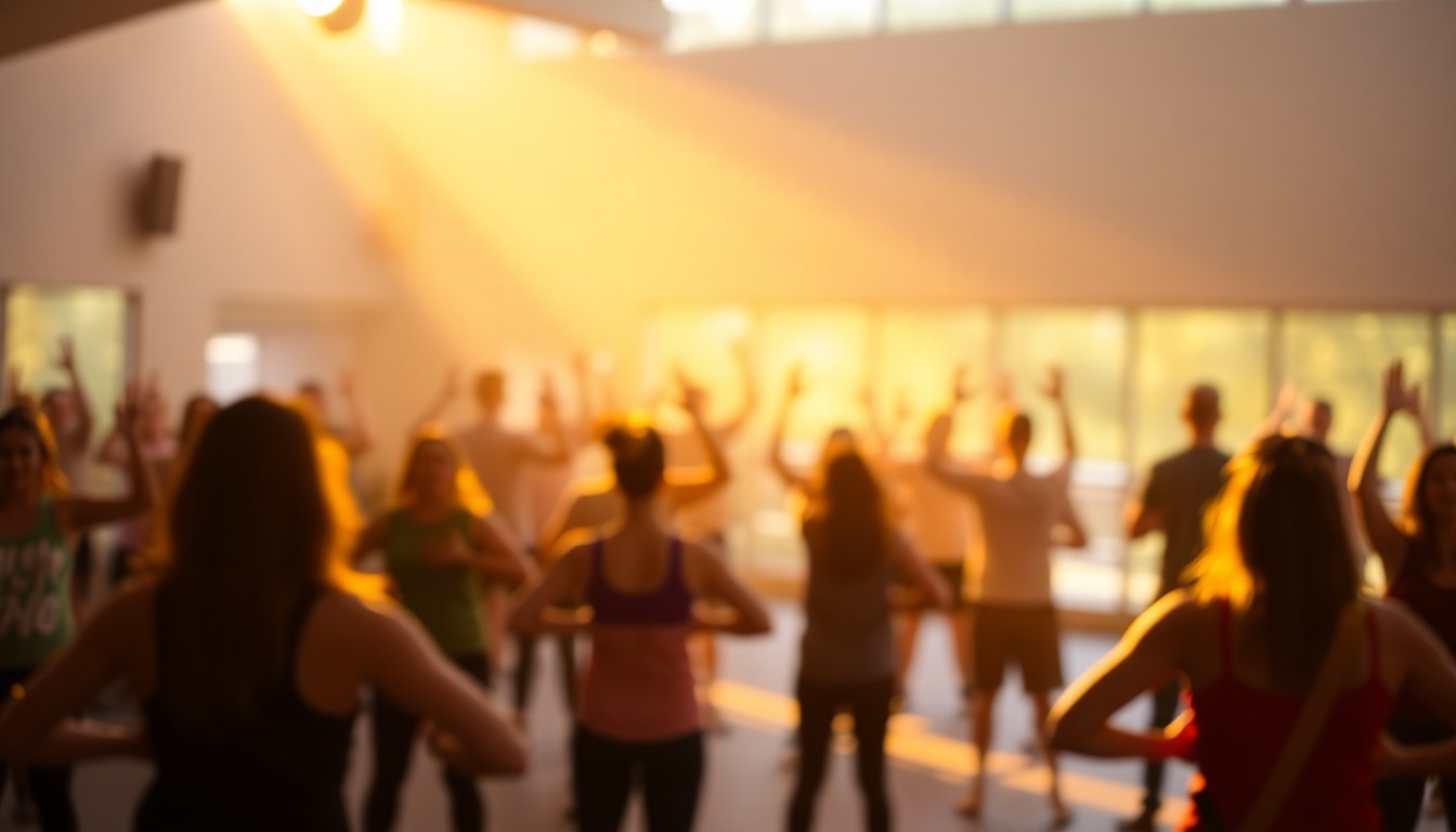 An abstract, out-of-focus photograph depicting a group of people participating in a fitness class, with soft, warm pools of light and color creating a sense of community and wellness.