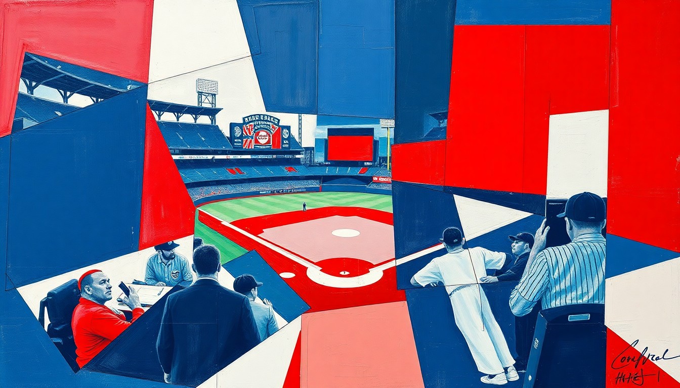 A cubist-style painting depicting a baseball game or match, with the players and field broken down into sharp, overlapping geometric shapes in the Guardians' team colors of navy blue, red, and white, conveying the energy and intensity of the sport.