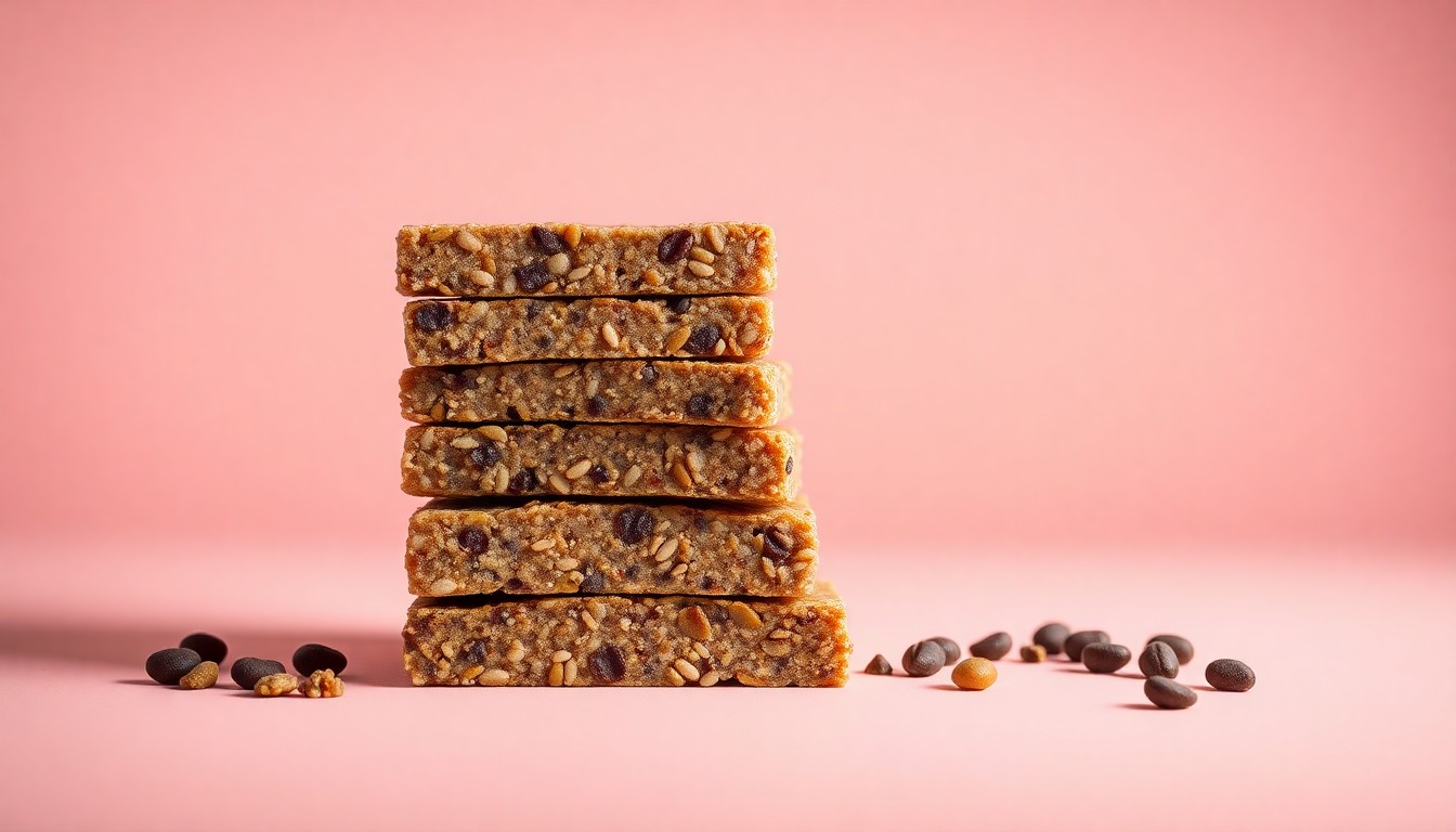 A high-end, photorealistic studio still-life photograph featuring a stack of neatly arranged nutritious snack bars in various flavors, placed on a clean, monochromatic seamless background and using sharp, dramatic studio lighting to showcase the quality and attention to detail of the products.
