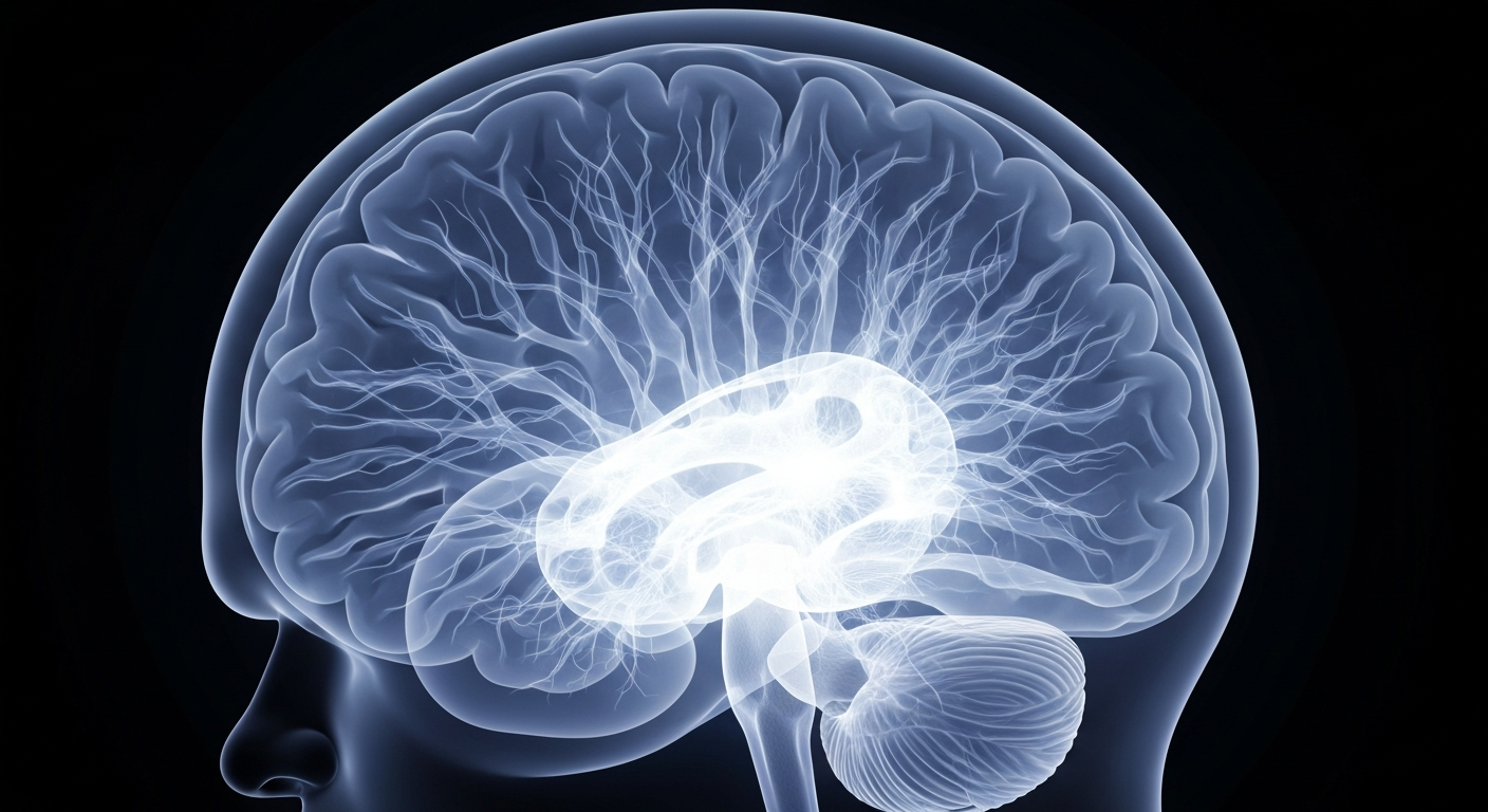 A highly detailed, translucent X-ray image showing the intricate structures and neural pathways of a human brain, conveying the complexity of the mind and the need for thoughtful, expert care when using technology in mental health treatment.