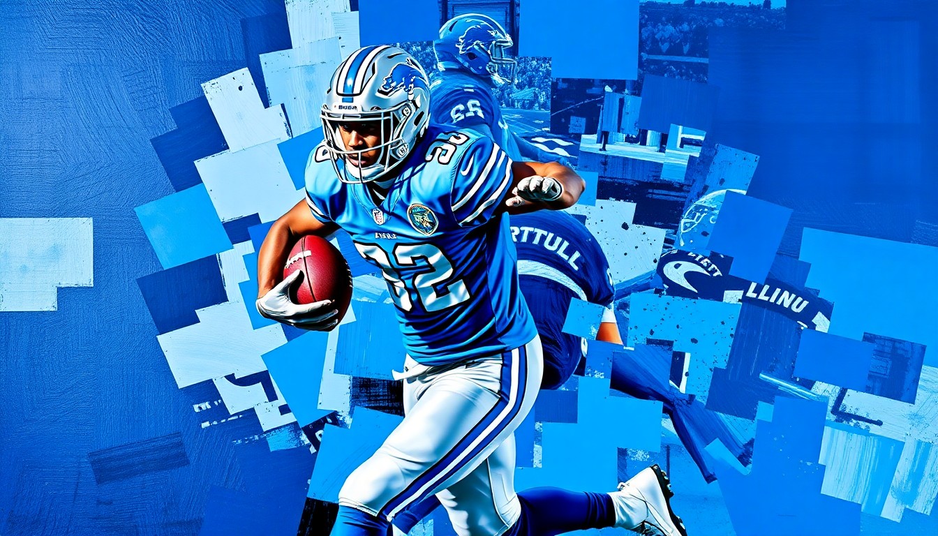 A fragmented, cubist-style painting depicting a football player in motion, with sharp geometric shapes and planes in the colors of the Detroit Lions.