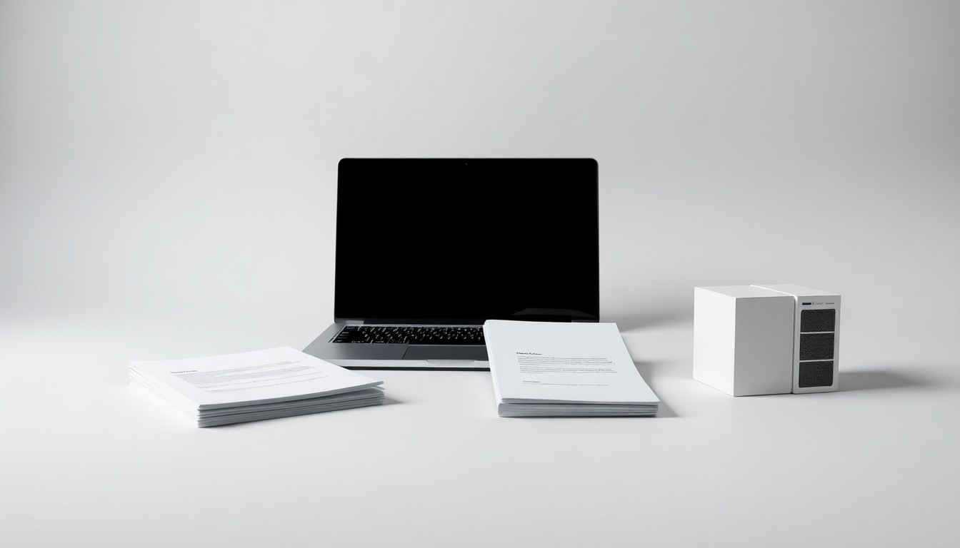 A high-end, photorealistic studio still-life photograph featuring a sleek, modern laptop computer, a stack of business documents, and a stylized 3D-printed model of a data center server rack, all arranged elegantly on a clean, monochromatic seamless background, conceptually representing Brander Group's abstract corporate strategy, finance, and technology services.