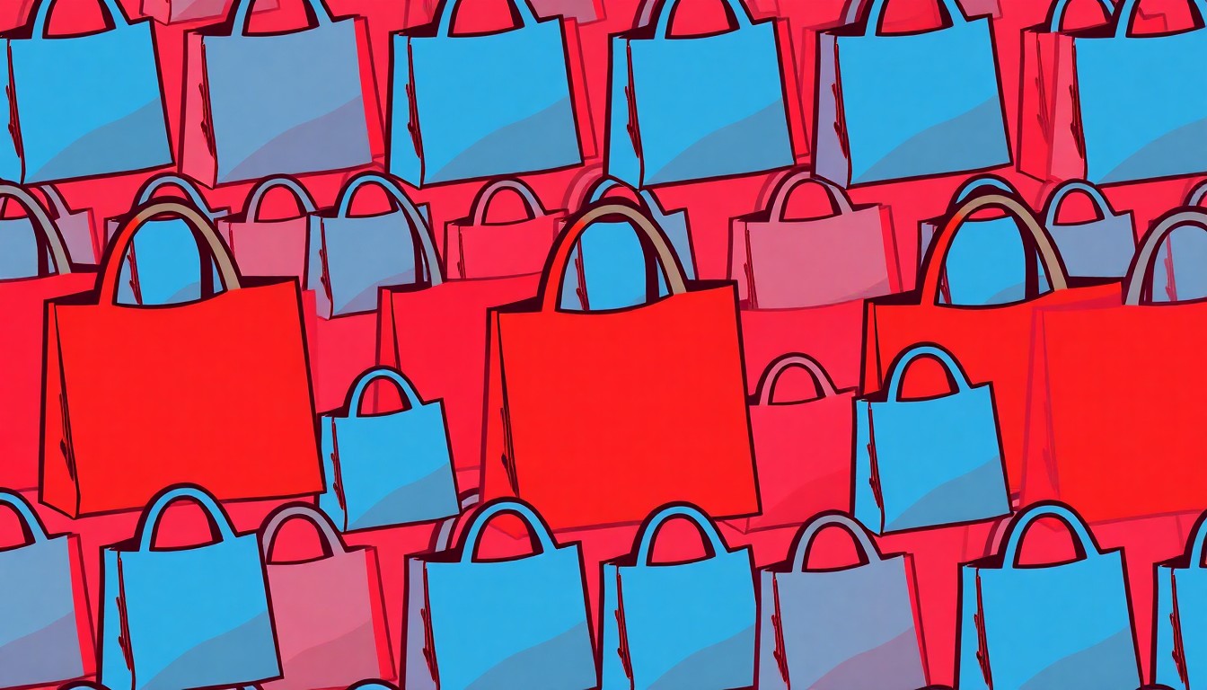 A brightly colored, high-contrast silkscreen print of a grocery bag icon repeated in a tight grid pattern, capturing the celebratory and community-focused spirit of a free food distribution event.