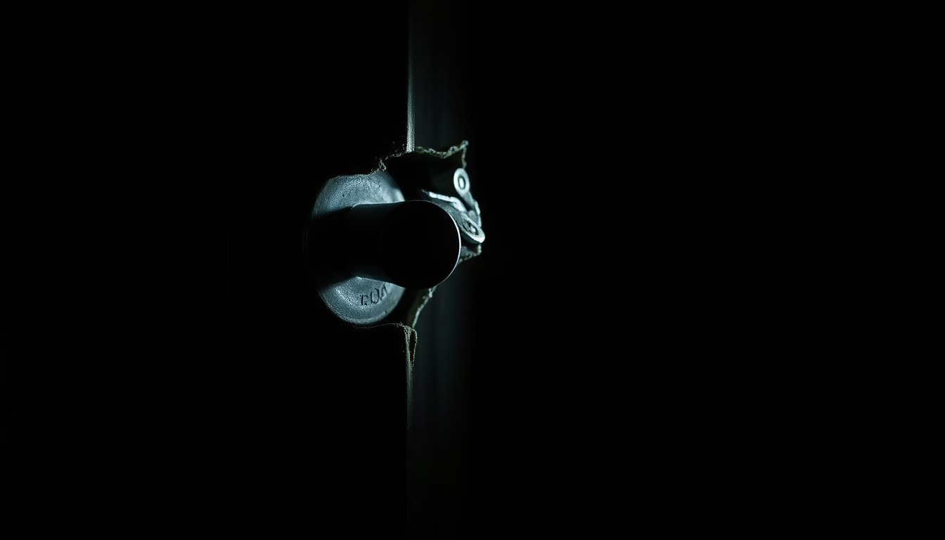 An extreme close-up photograph of a damaged door lock, reflecting the harsh lighting and stark, gritty aesthetic of the crime scene investigation.
