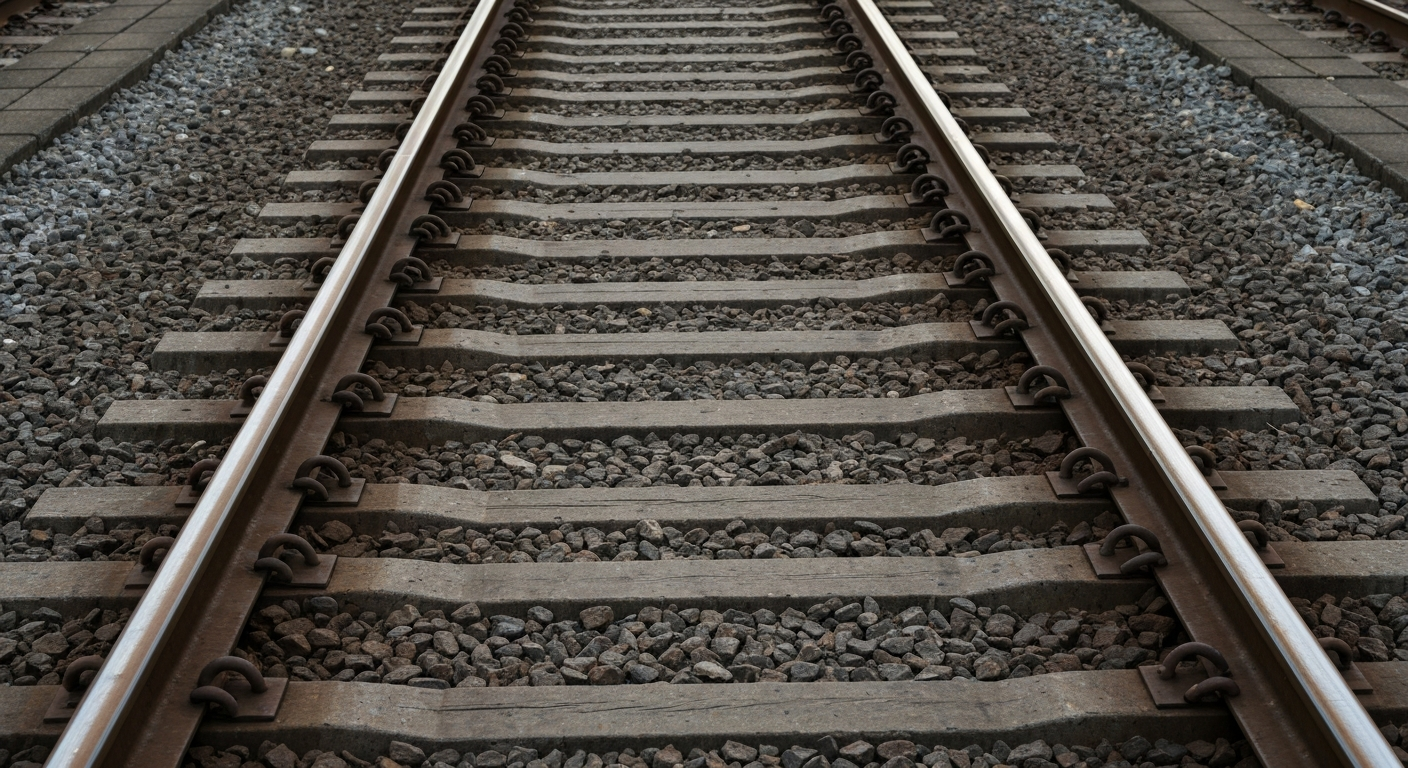 An extreme close-up of the intricate, pebbled texture of steel commuter train tracks, lit dramatically to highlight the raw materials and engineering of the infrastructure.