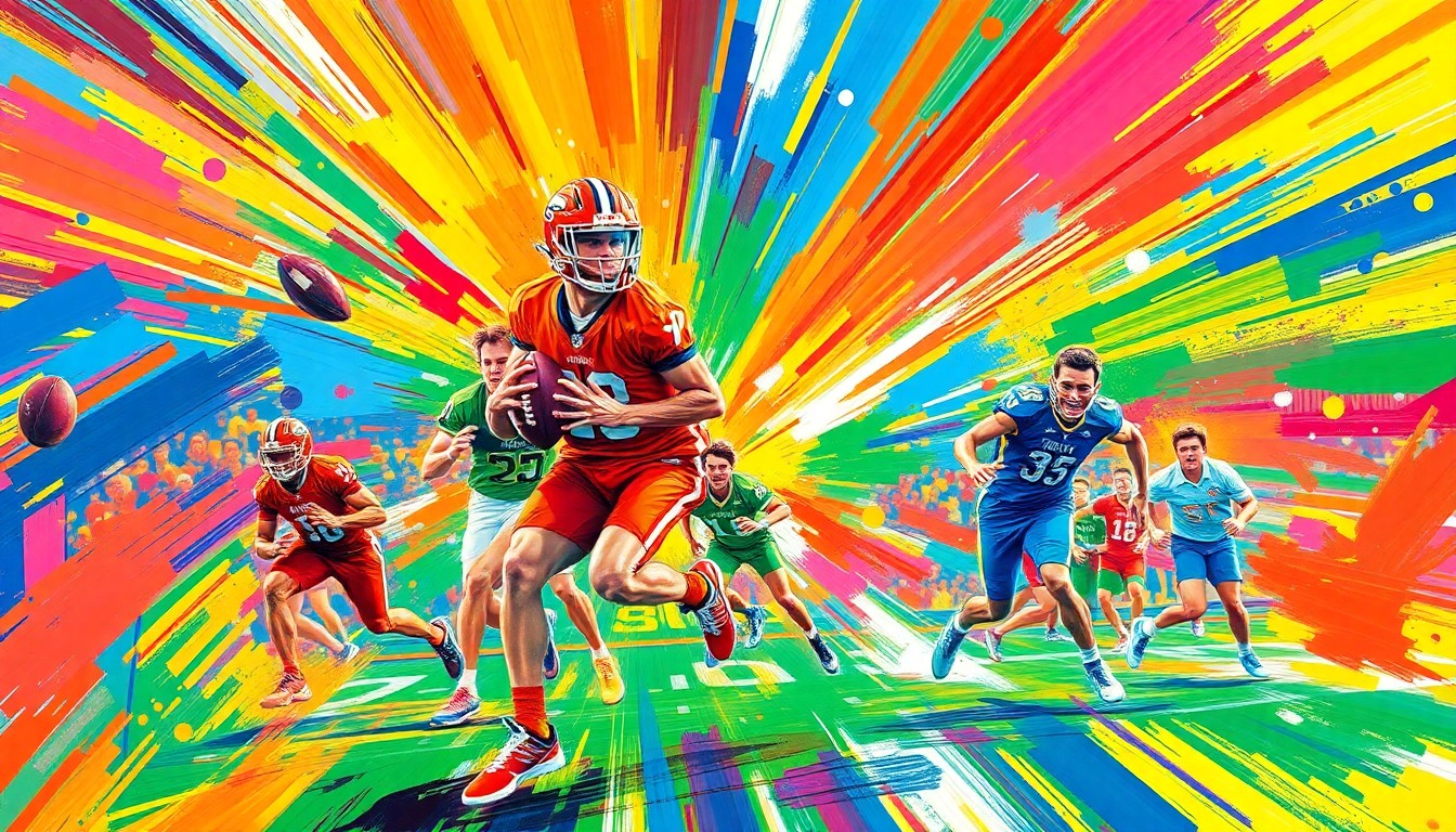 An abstract, energetic painting using bold, neon-like brushstrokes to depict the dynamic movement and competitive drive of high school sports.