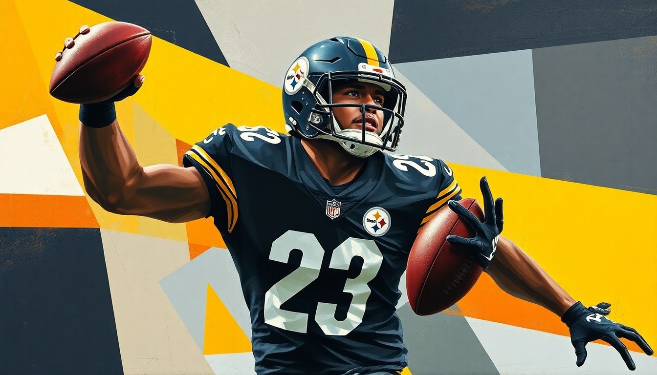 A fractured, multi-perspective painting depicting a football player in motion, with the shapes and planes of the image breaking down the action into an abstract, geometric composition.