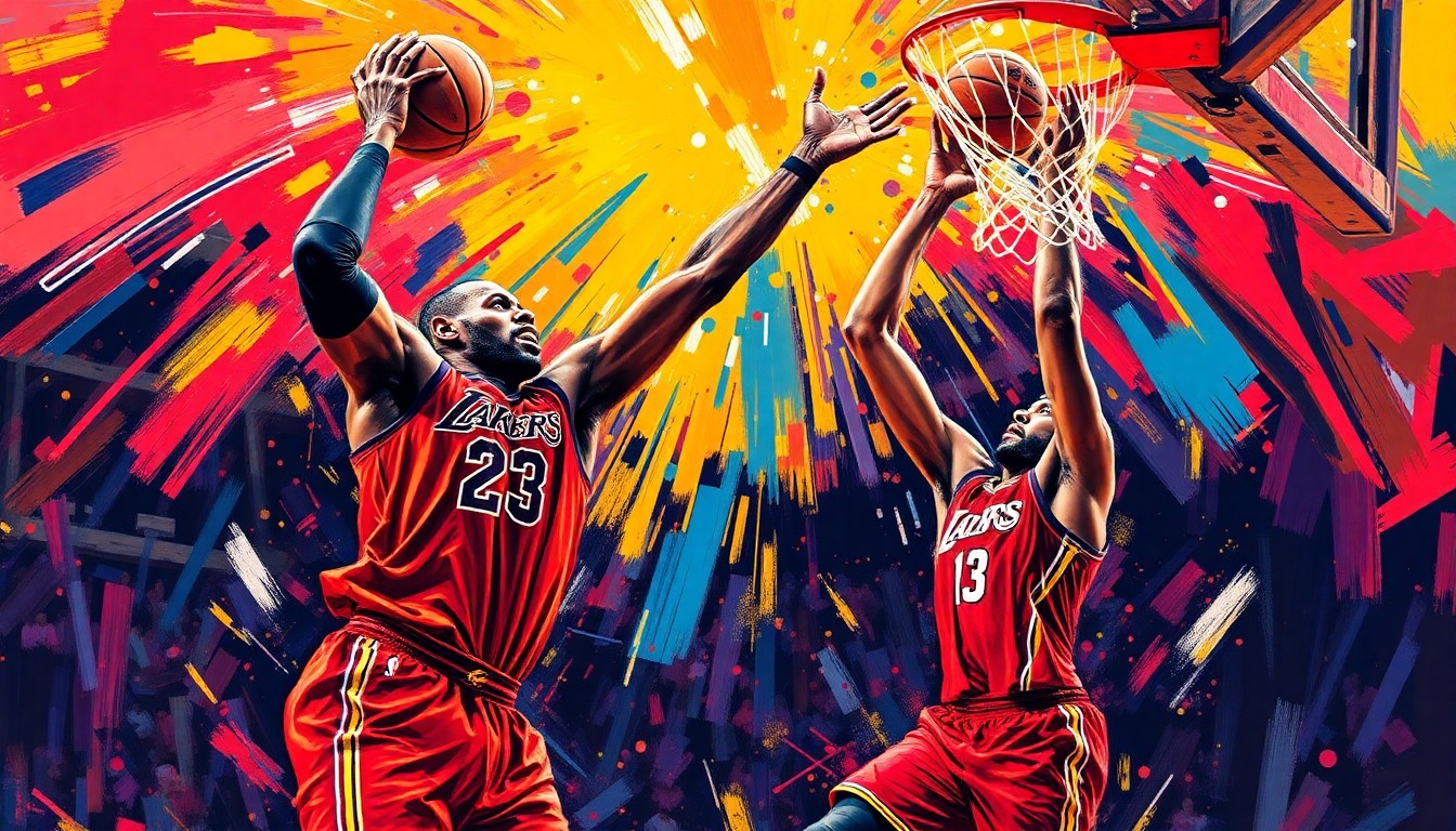 An abstract, expressionist painting in neon colors depicting the dynamic movements and scoring plays of two basketball players in action, capturing the raw energy and excitement of the Easter Sunday NBA game.