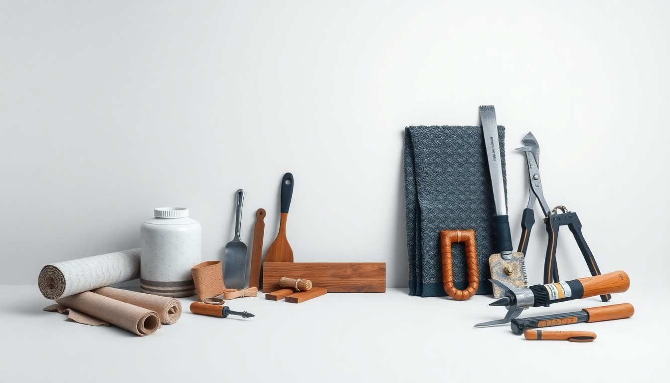 A minimalist studio still life featuring a selection of roofing materials and tools arranged in a clean, elegant composition, symbolizing the attention to detail and craftsmanship that Retail Roofing brings to its work.