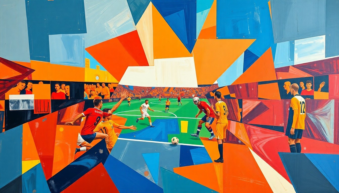 A fractured, geometric painting depicting a Dutch national team soccer match, with sharp, overlapping planes of vibrant orange, red, and blue colors capturing the dynamic energy of the game.