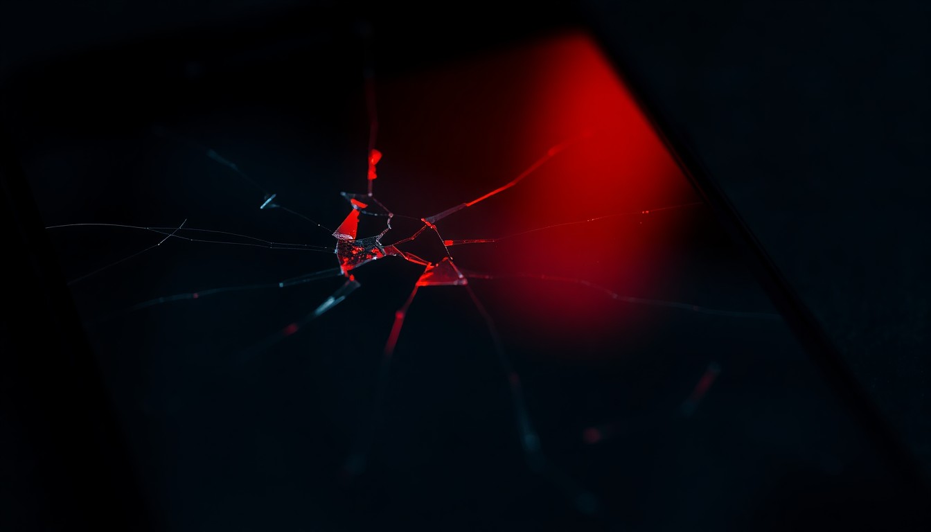 An extreme close-up photograph of a cracked smartphone screen reflecting a faint red light, conceptually illustrating the disturbing digital evidence uncovered in this case.