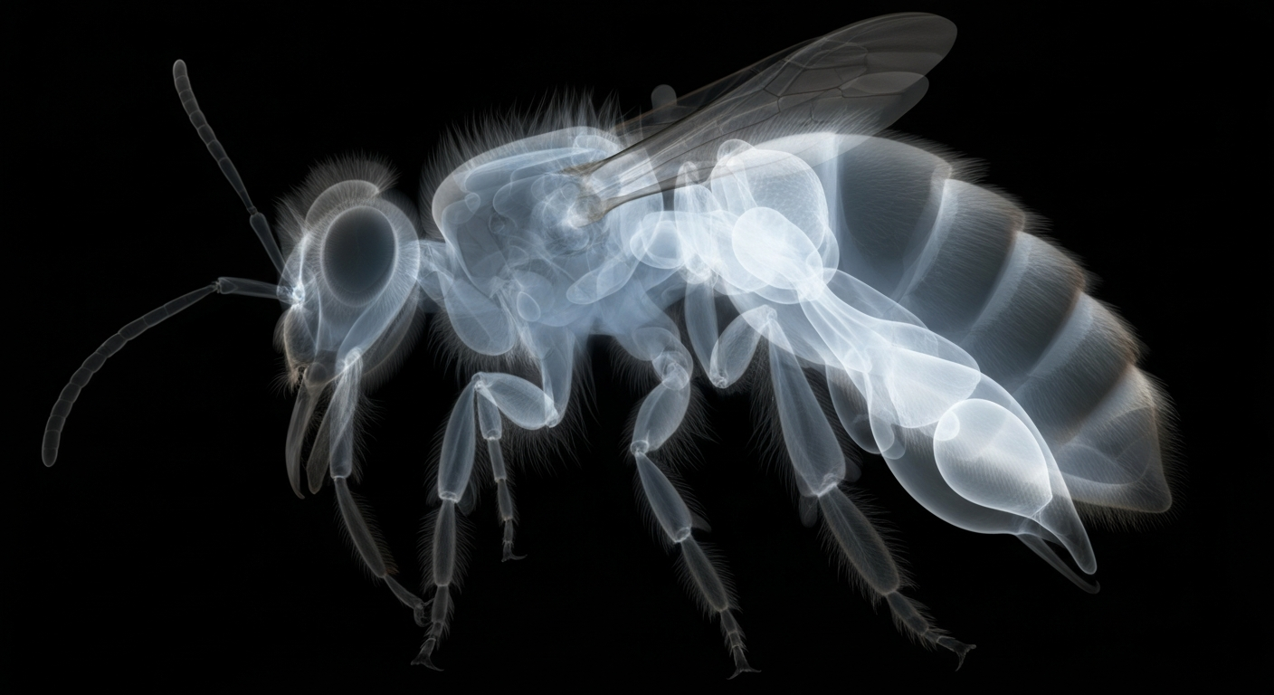 An extreme close-up X-ray photograph revealing the intricate internal structure of a bee's stinger and venom sac, conceptually illustrating the dangers posed by the early arrival of bee season in Phoenix due to record-breaking heat.
