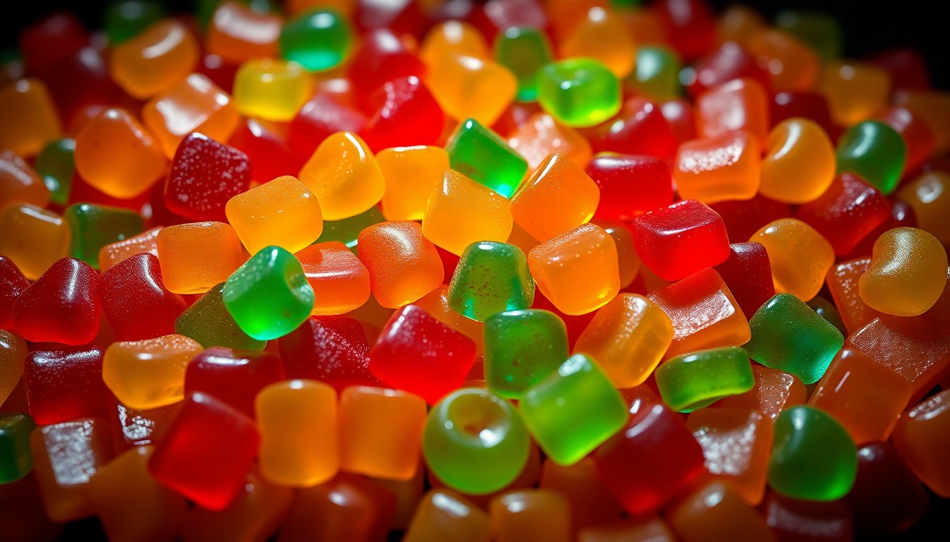 An abstract close-up photograph of a pile of brightly colored Trolli gummy candies in various shapes and textures, shot with dramatic high-contrast studio lighting to create a glossy, high-fashion aesthetic.
