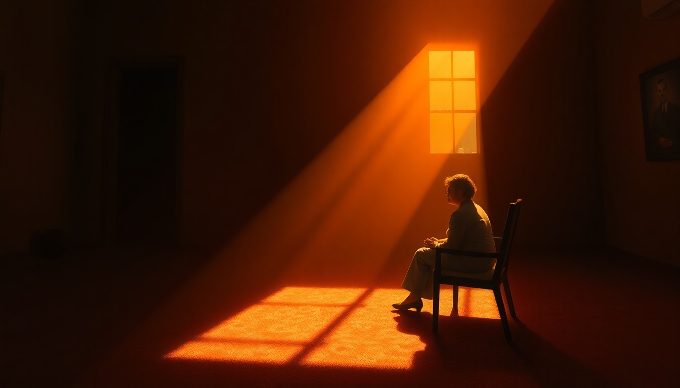 A somber, cinematic painting of a lone military spouse sitting alone in a dimly lit room, the warm light casting deep shadows and a palpable sense of isolation and melancholy.