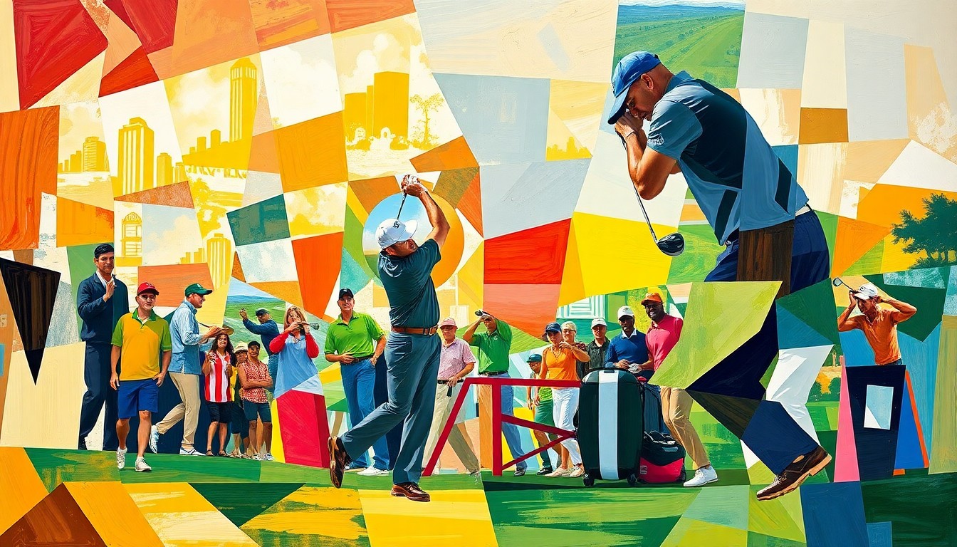 A cubist, geometric painting depicting fragmented, overlapping shapes and planes in shades of green, brown, and blue, conceptually representing the energy and tension of a major golf tournament without any identifiable players or logos.