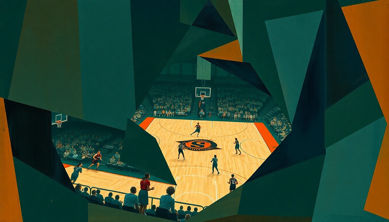 A cubist, geometric painting depicting fragmented, overlapping views of a women's basketball game, conveying the lack of drama and excitement in the tournament finale.