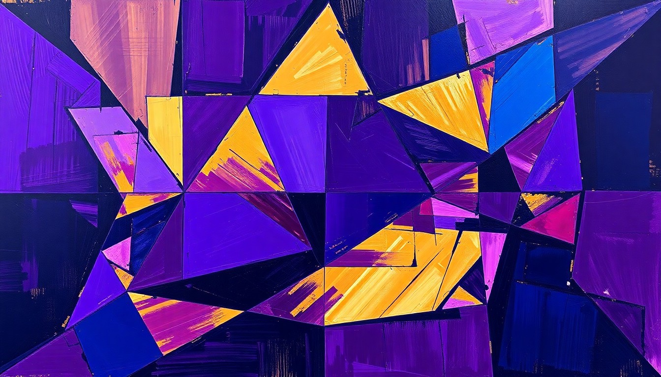 A cubist-style painting featuring overlapping geometric shapes and planes in shades of purple, blue, and gold, conceptually representing the fragmented state of the Lakers' playoff push due to key player injuries.