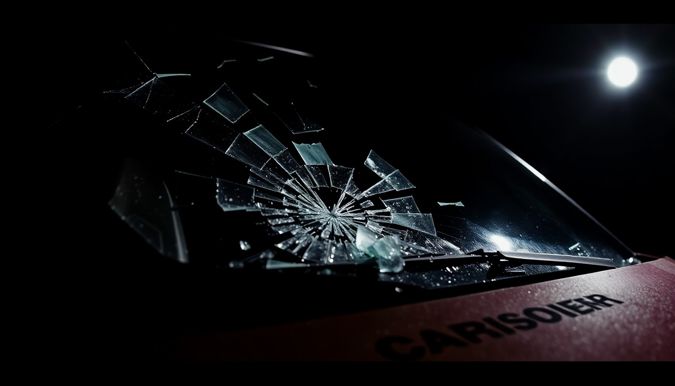 An extreme close-up photograph of a shattered car windshield or other damaged vehicle component, lit by a harsh, direct camera flash against a pitch-black background, conceptually illustrating the aftermath of a serious car crash.