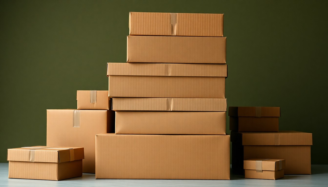 A high-end, photorealistic studio still-life featuring a stack of premium, matte-finished cardboard boxes in earthy brown and olive green tones, conceptually representing the evolving packaging materials and supply chain of the global pulp and paper industry.