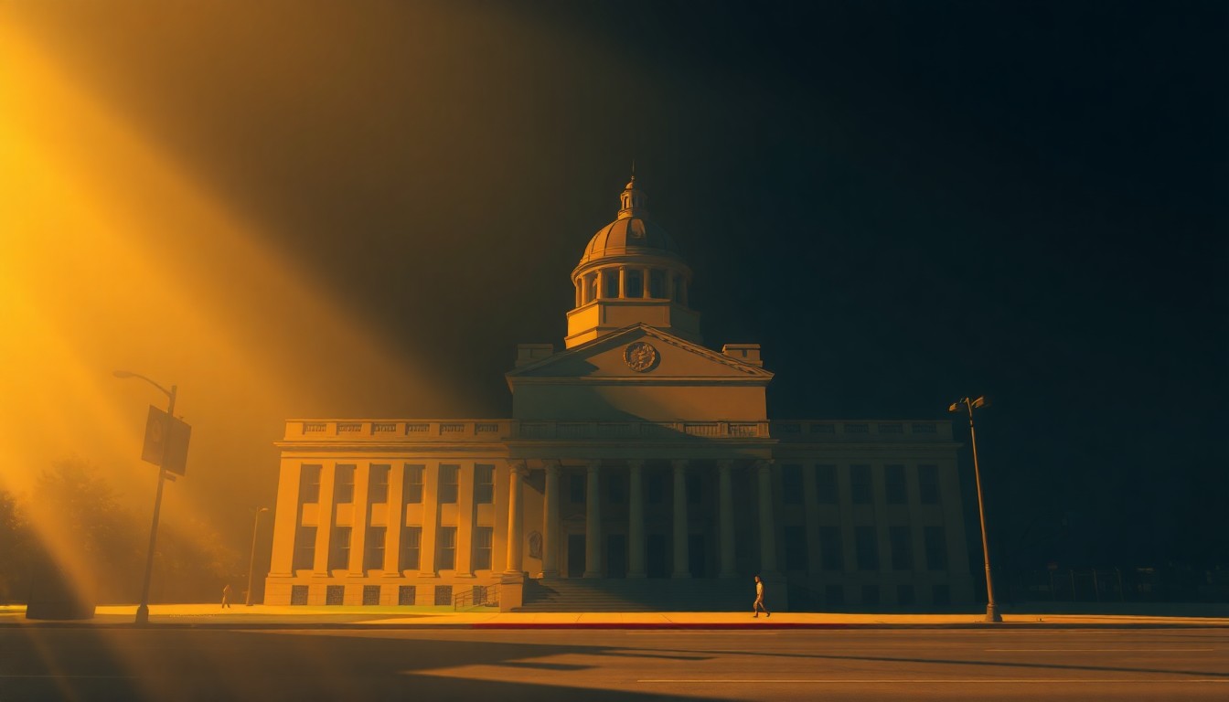 A serene, cinematic painting of the Los Angeles City Hall building, with warm sunlight casting long shadows across the structure's facade, conceptually representing the city's political landscape and the desire for transformation.