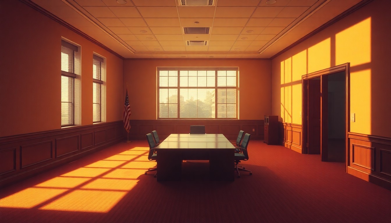 A dimly lit, cinematic painting of an empty government office space, with warm sunlight streaming in through the windows and deep shadows casting an air of political uncertainty.