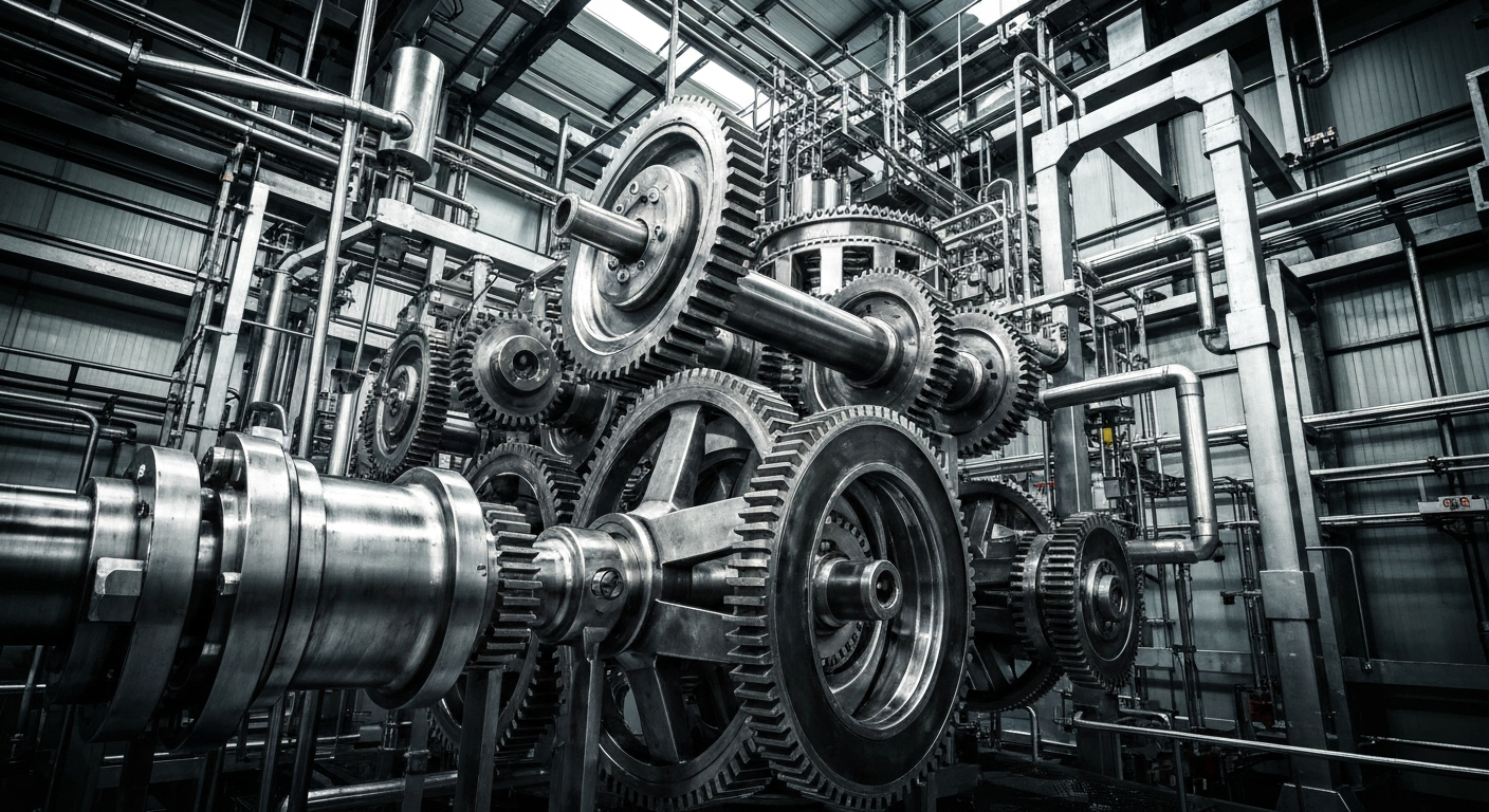 An extreme close-up of the intricate, heavy machinery and mechanisms inside a pharmaceutical production facility, conveying the scale and complexity of Johnson & Johnson's global operations.