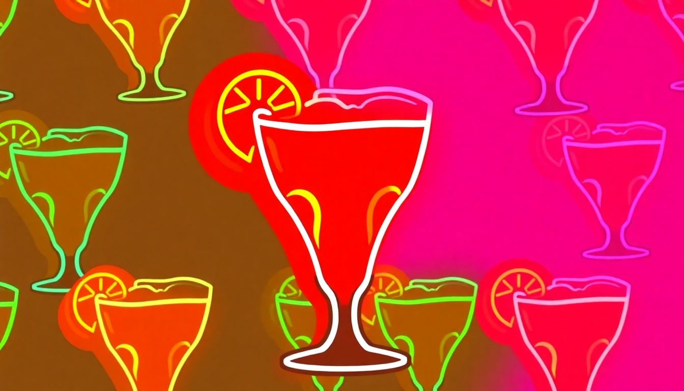 A brightly colored, high-contrast silkscreen print of a classic neon beer sign or vintage cocktail glass repeated in a tight grid pattern, conceptually representing the vibrant and iconic nature of San Diego's beloved neighborhood dive bars.