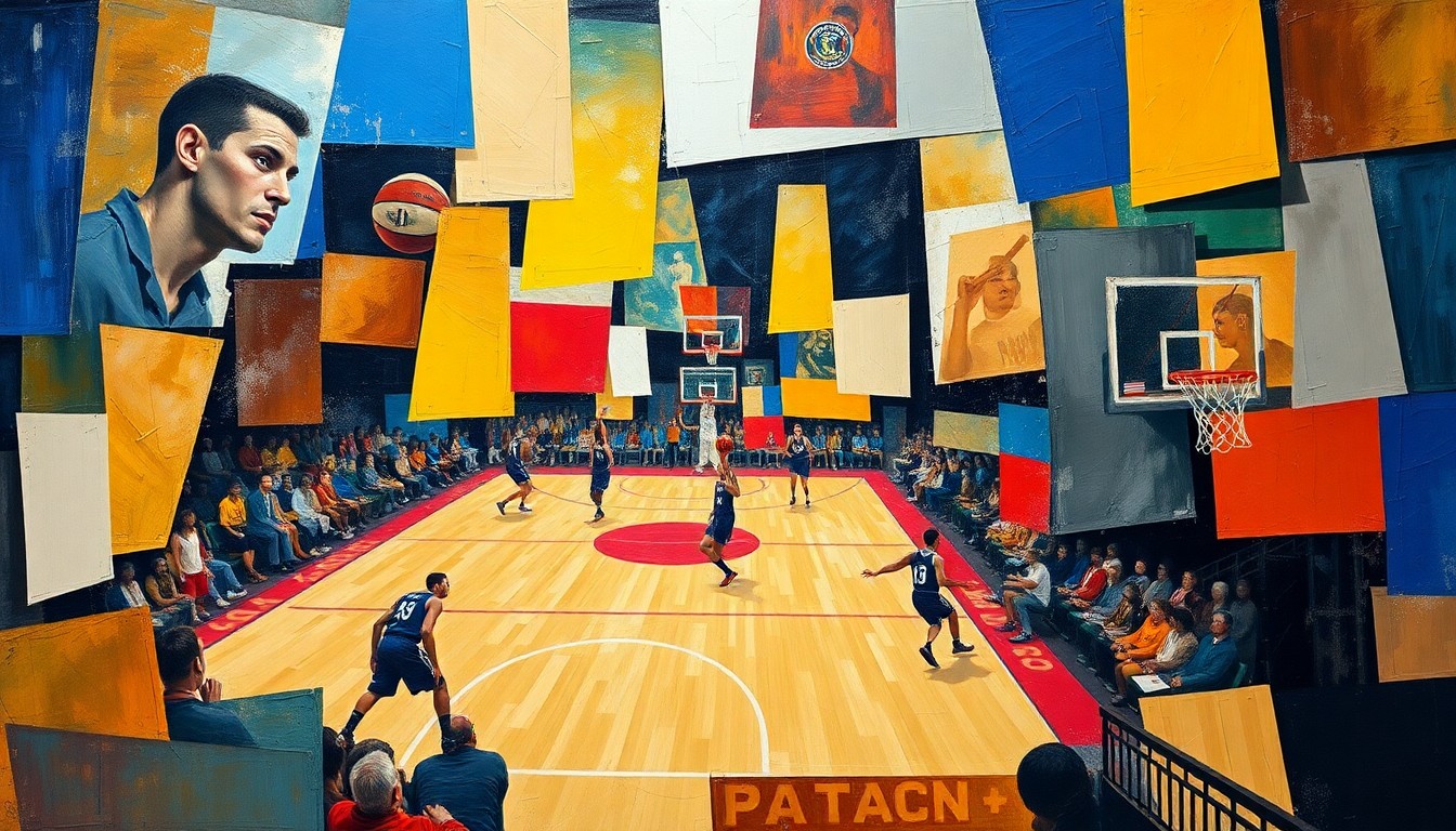 A cubist, geometric painting depicting a fragmented basketball court and players, conveying the complexity and multiple perspectives involved in officiating a close NBA game.