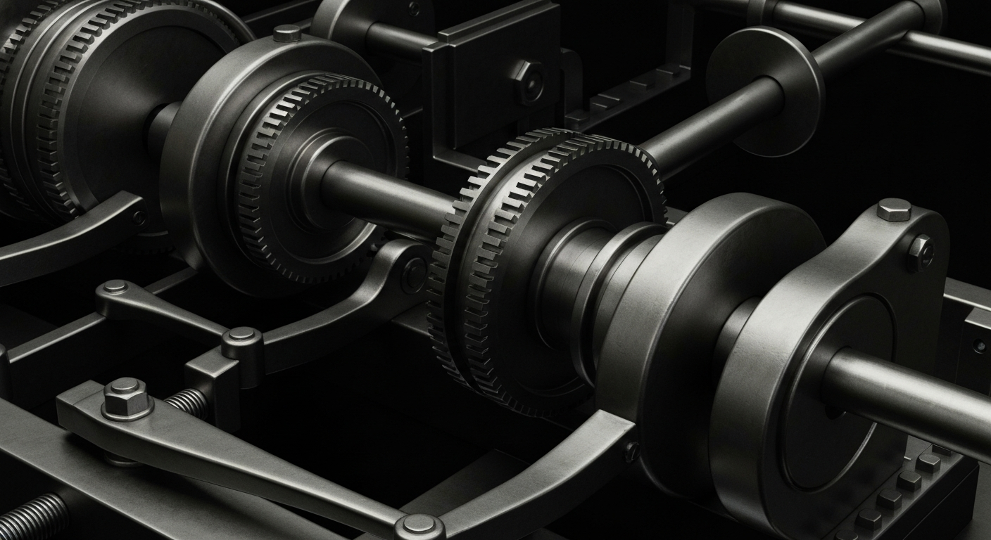 A cinematic close-up of heavy, industrial banking mechanics and components in shades of gray, black, and silver, conveying the tangible, physical nature of financial security and institutions without using literal currency or charts.