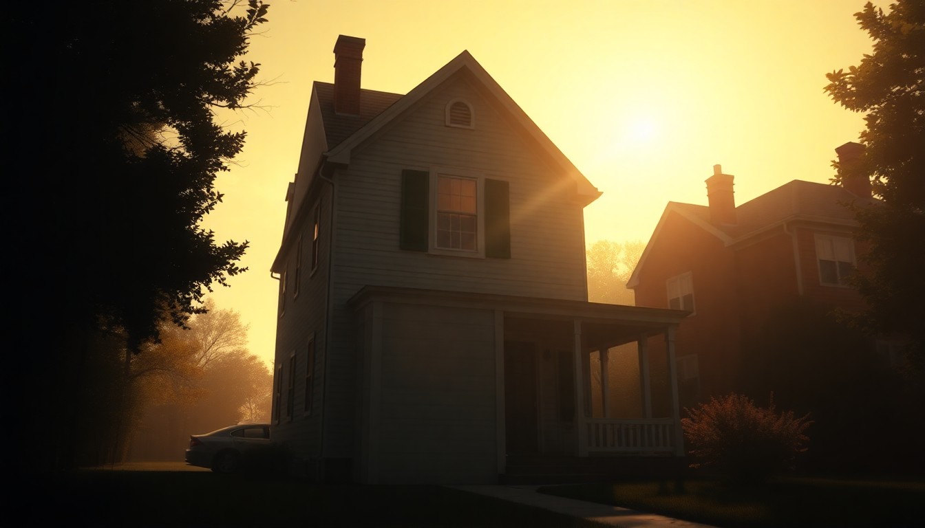 A photorealistic painting of a single-story suburban home in Georgia, with the exterior bathed in warm golden sunlight and deep shadows, conveying a sense of quiet contemplation and the emotional impact of increasing housing costs.