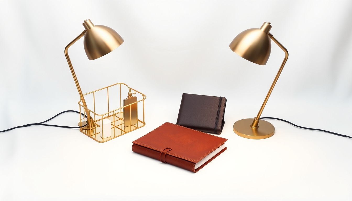 A high-end, photorealistic studio still-life photograph featuring a polished brass desk organizer, a leather-bound journal, and a pair of sleek, minimalist desk lamps arranged elegantly on a clean, white seamless background, conceptually representing the couple's professional partnership and their commitment to maintaining a balanced, harmonious work environment.