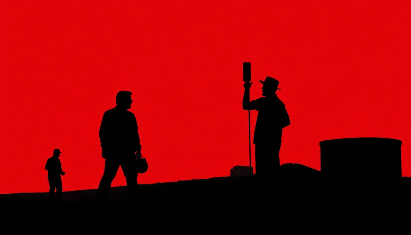 A minimalist, abstract illustration featuring bold black silhouettes and high-contrast solid colors, conceptually representing the duality of an actor's career from Hollywood to a small Texas town.