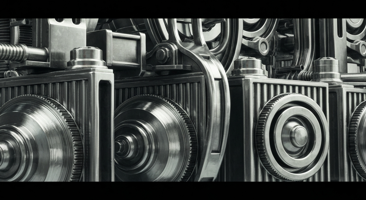 An extreme close-up of heavy, polished banking machinery and mechanisms, conveying the intricate financial infrastructure and institutional power behind the launch of a new hedge fund ETF.