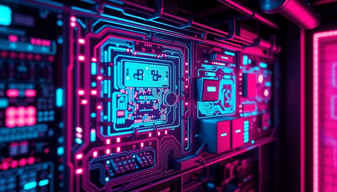 A highly detailed, glowing 3D illustration of a futuristic AI control panel or data center infrastructure, with intricate components illuminated by vibrant neon lights, conceptually representing the complex and powerful nature of advanced AI technology.