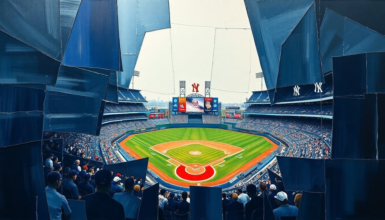 A cubist, geometric painting depicting a fragmented baseball game, with overlapping planes of navy blue, white pinstripes, and metallic gold, capturing the disjointed nature of the Yankees' bullpen issues.