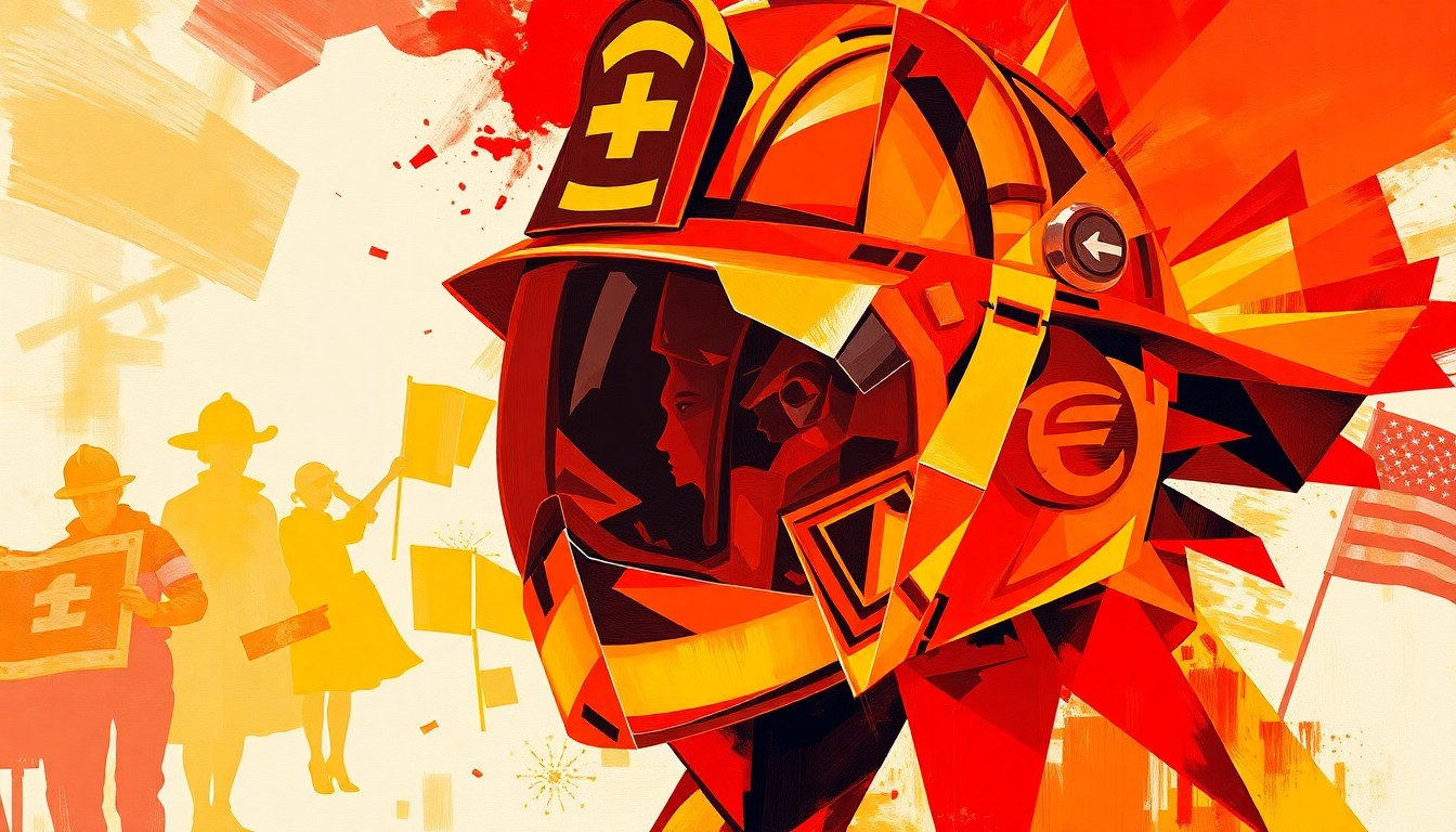A dynamic, abstract painting of a firefighter's helmet in overlapping, fractured geometric shapes and vibrant colors, conveying the urgency and chaos of the firefighters' protest over safety and leadership issues in Dolton, Illinois.