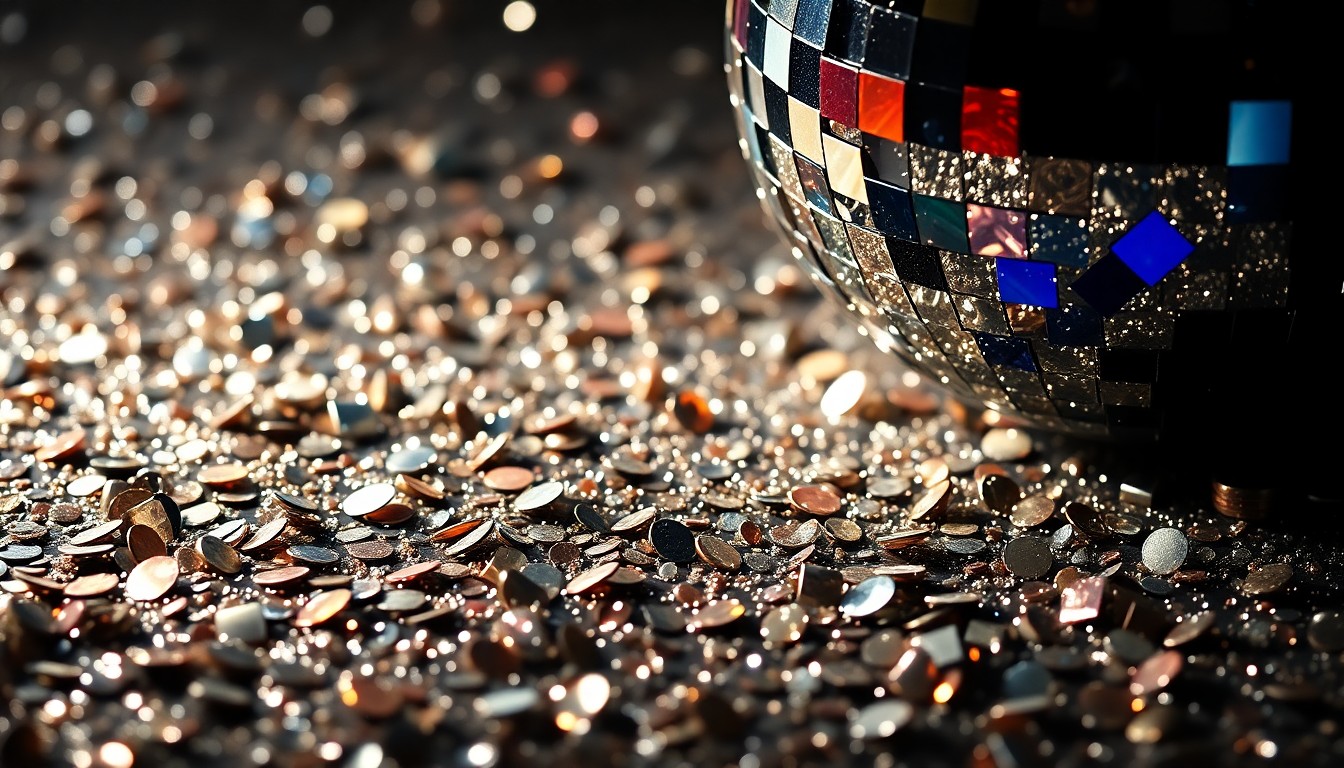 An abstract close-up image of shimmering sequins and glittering disco ball fragments, conveying the glamour and showmanship of Broadway through dramatic high-contrast lighting and textures.