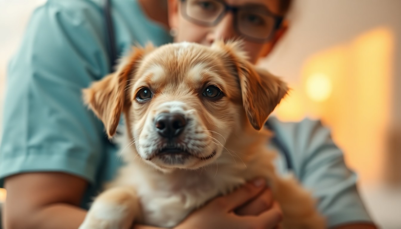 An abstract, blurred image of a dog being held and cuddled by daycare staff, with soft, warm pools of light and color in the background, conveying the emotional connection between pets and their caretakers.