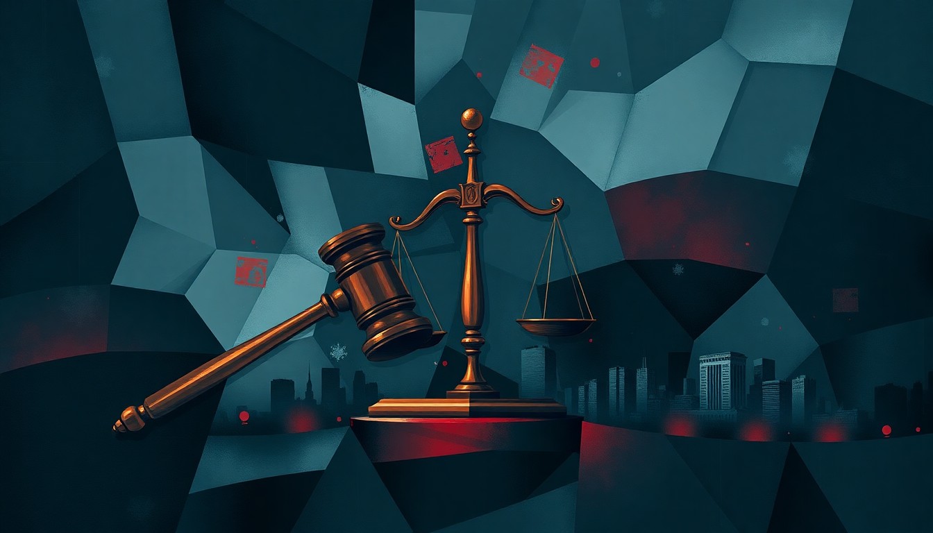A dynamic, fragmented painting depicting the symbols of law and government - a gavel, scales of justice, and a cityscape - in overlapping geometric shapes and waves of dark blue, grey, and red, conveying a sense of chaos and conflict.