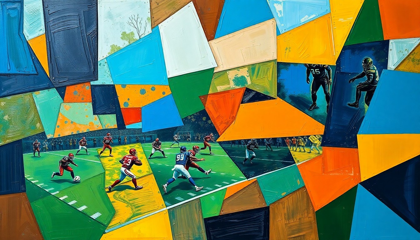 A fragmented, geometric painting depicting a football game, with sharp planes of color representing the complex factors that go into evaluating a quarterback's performance and potential.